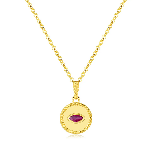 Vintage 925 Sterling Gold Plated Ruby Protective Eye Pendant Necklace