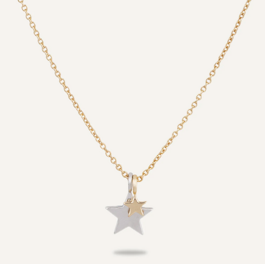 Double Star Two-Tone Neckless- Gold & Silver Pendant with Adjustable Chain
