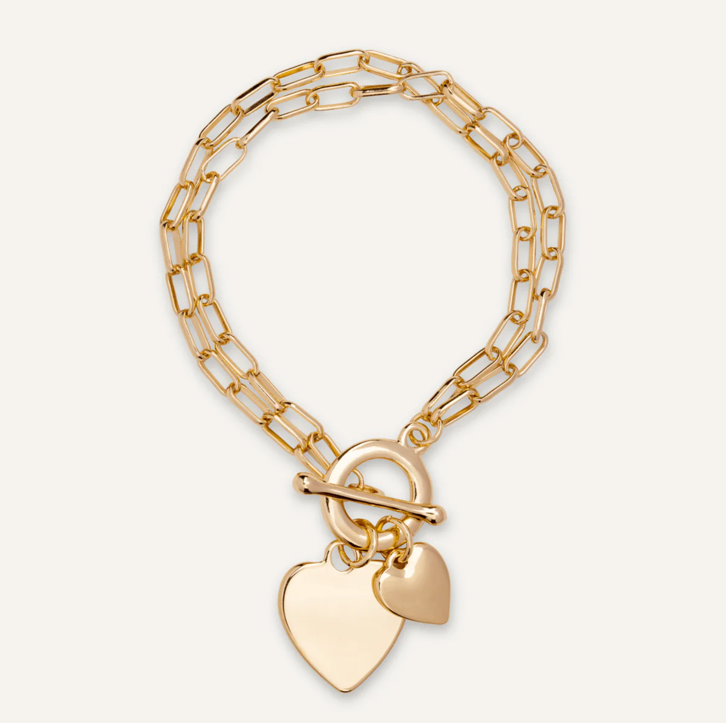 t-bar double heart gold chain bracelet -elegant heart charm bracelet