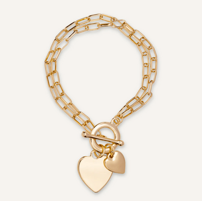 T-Bar Double Heart Gold Chain Bracelet -Elegant Heart Charm Bracelet