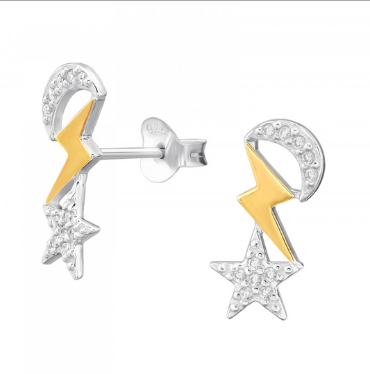 Moon Lightning Star - 925 Sterling Silver Cubic Zirconia Ear Studs