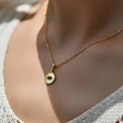 Vintage 925 Sterling Gold Plated Ruby Protective Eye Pendant Necklace
