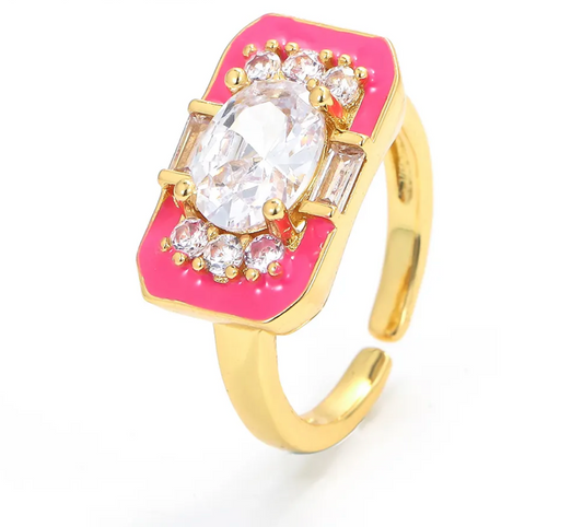 Zircon Crystal Ring Gold Plated Colorful Enamel Open Adjustable Ring